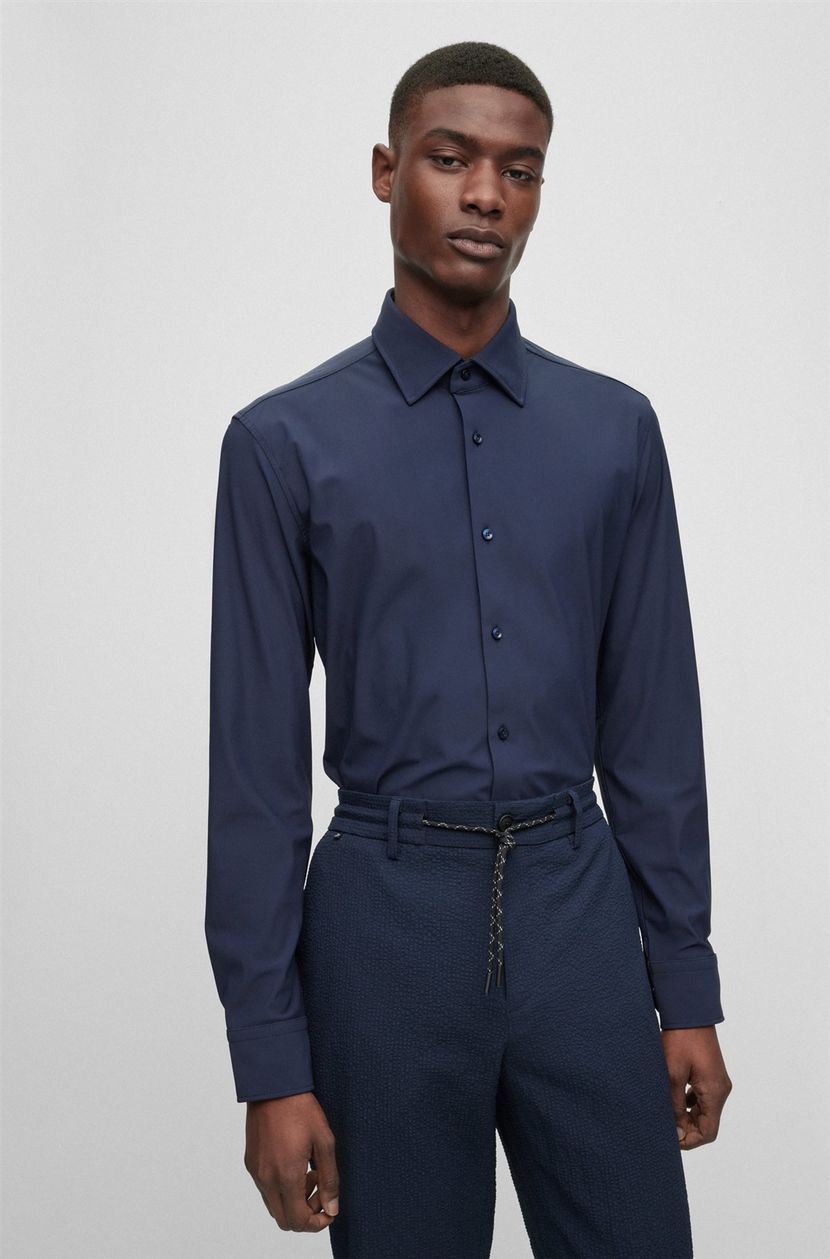 Hugo Boss business overhemd donkerblauw effen slim fit zonder borstzak