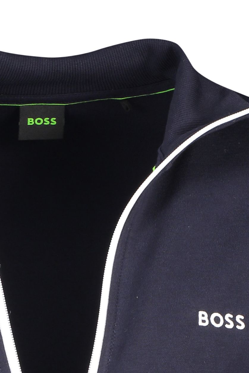 Hugo Boss vest blauw effen opstaande kraag rits met witte logo