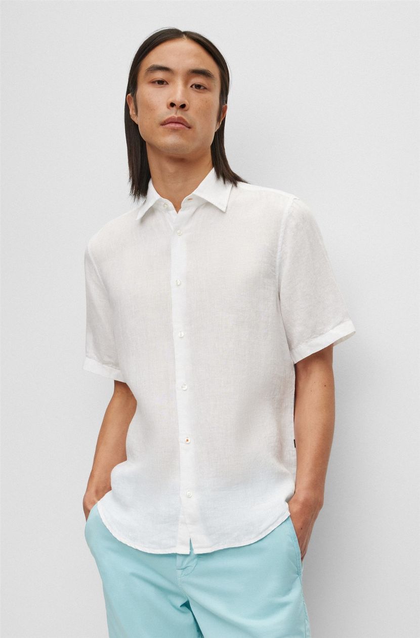 Hugo Boss casual overhemd wit effen 100% linnen normale fit