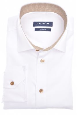 Ledub Ledub overhemd mouwlengte 7 bruine knopen wit 100% katoen normale fit