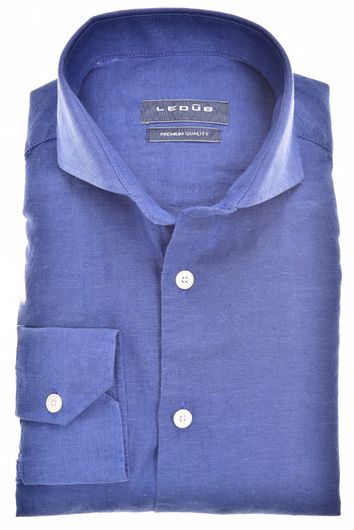 Ledub overhemd mouwlengte 7 Modern Fit blauw effen linnen en katoen