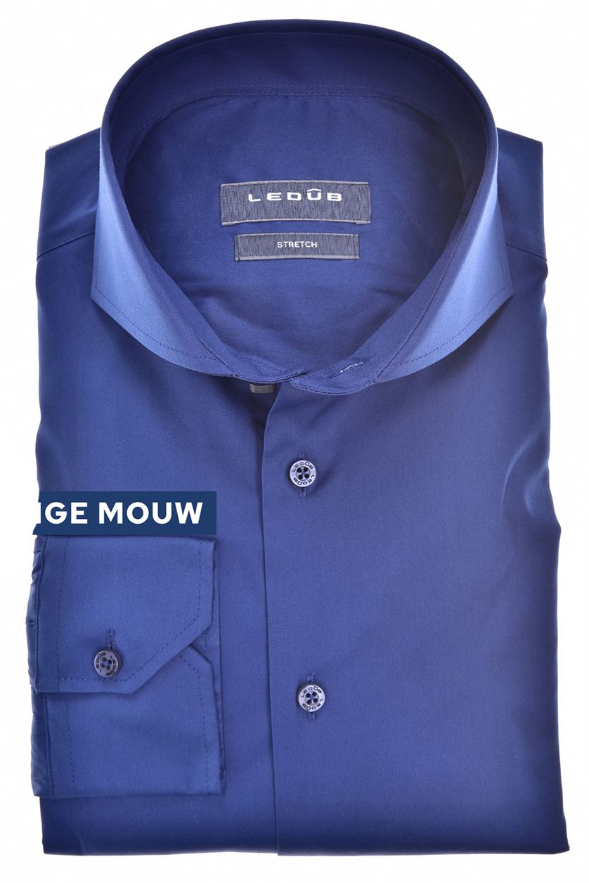 Ledub overhemd mouwlengte 7 Modern Fit blauw effen katoen-stretch