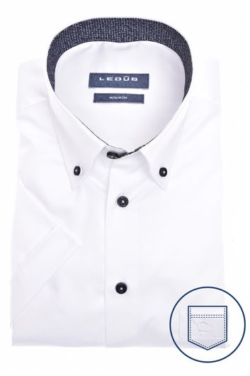 Ledub overhemd korte mouw wit effen met button down boord