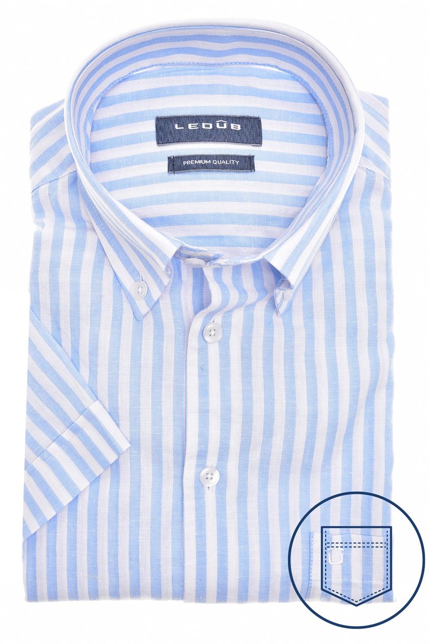 Ledub overhemd korte mouw Modern Fit New lichtblauw gestreept linnen