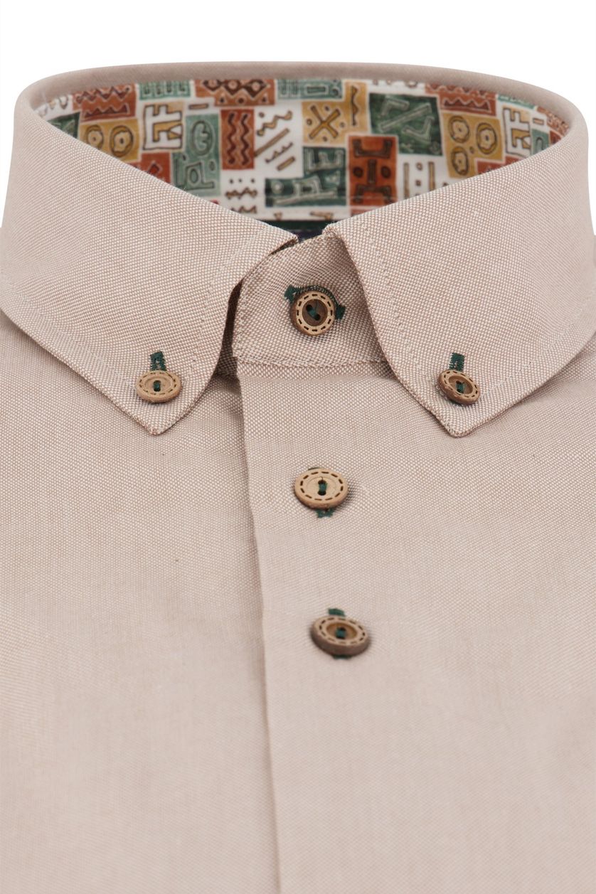Portofino casual overhemd korte mouw beige effen katoen regular fit kraag geprint