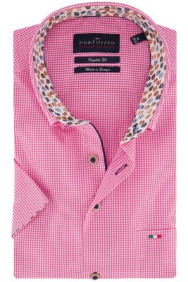 Portofino Portofino casual overhemd korte mouw regular fit met logo roze geruit katoen