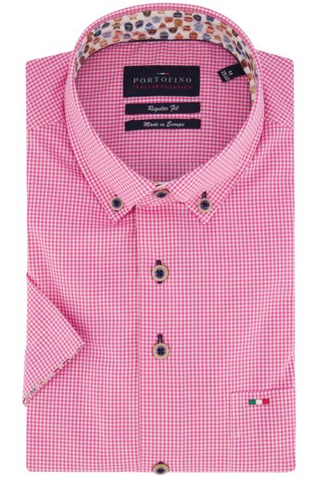 casual overhemd korte mouw Portofino roze geruit katoen wijde fit 