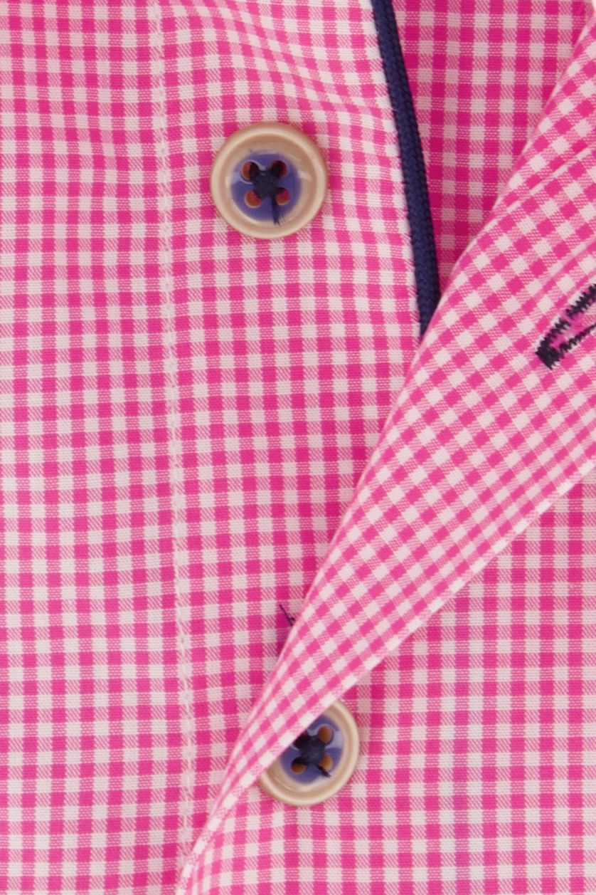 Portofino casual overhemd korte mouw met logo roze geruit katoen regular fit