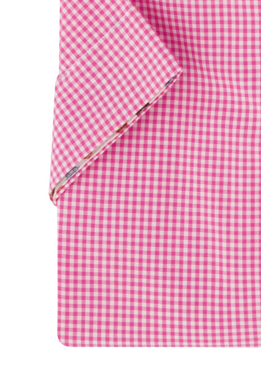 Portofino casual overhemd korte mouw met logo roze geruit katoen regular fit