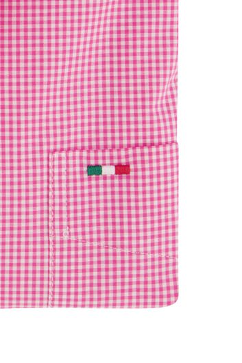 Portofino casual overhemd korte mouw regular fit met logo roze geruit katoen