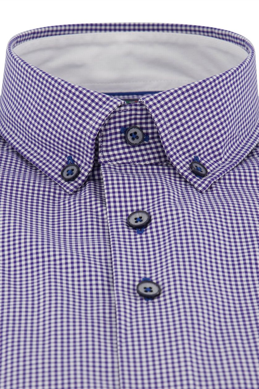 Portofino casual overhemd korte mouw blauw geruit met logo katoen regular fit