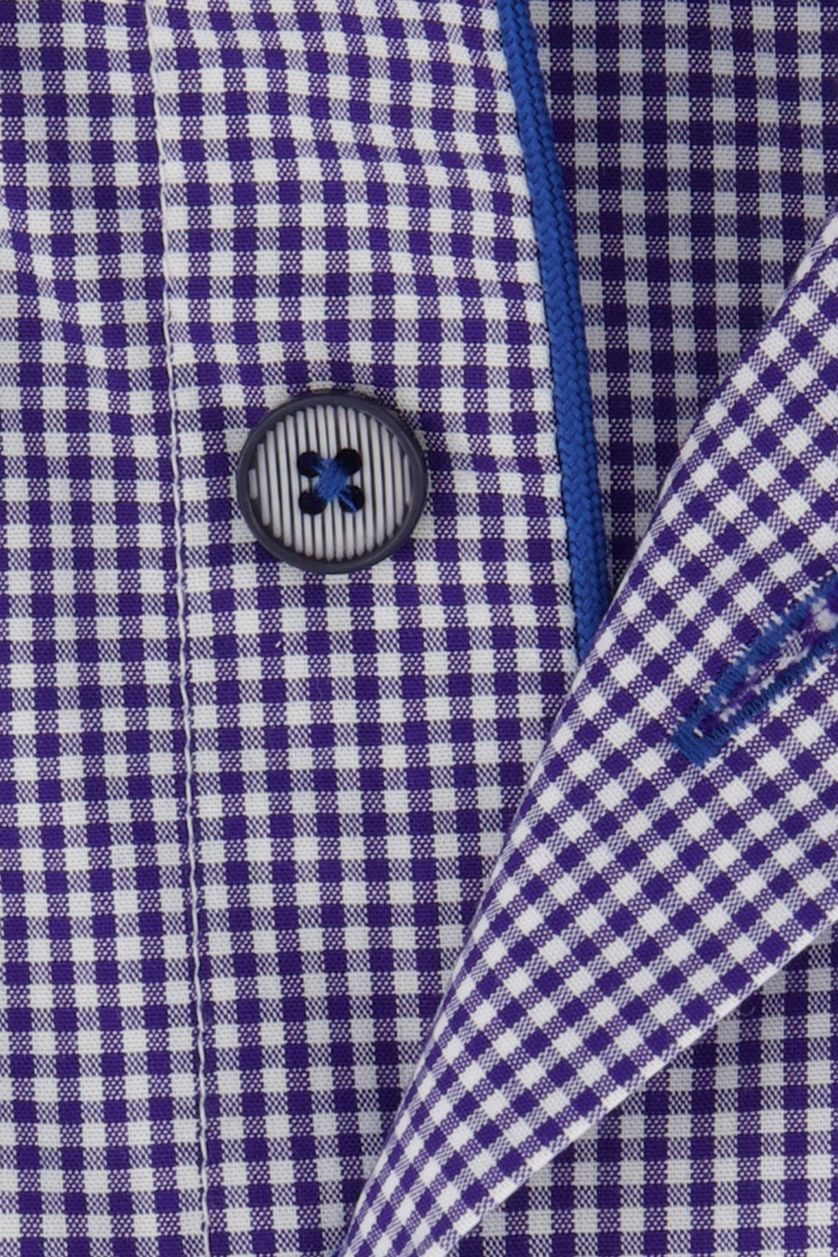 Portofino casual overhemd korte mouw blauw geruit met logo katoen regular fit