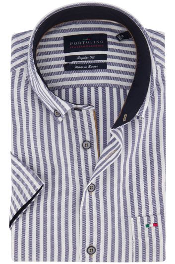 Portofino casual overhemd korte mouw regular fit blauw wit gestreept katoen