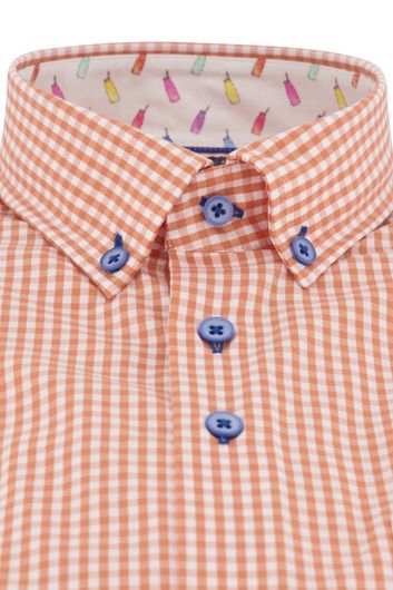 casual overhemd korte mouw Portofino oranje geruit katoen wijde fit 