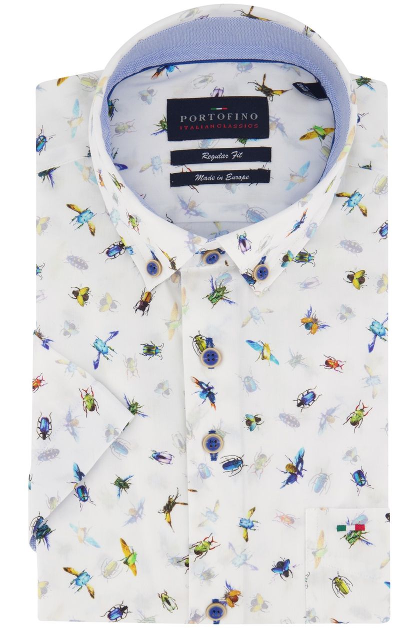 Portofino casual overhemd korte mouw wit insecten print katoen regular fit