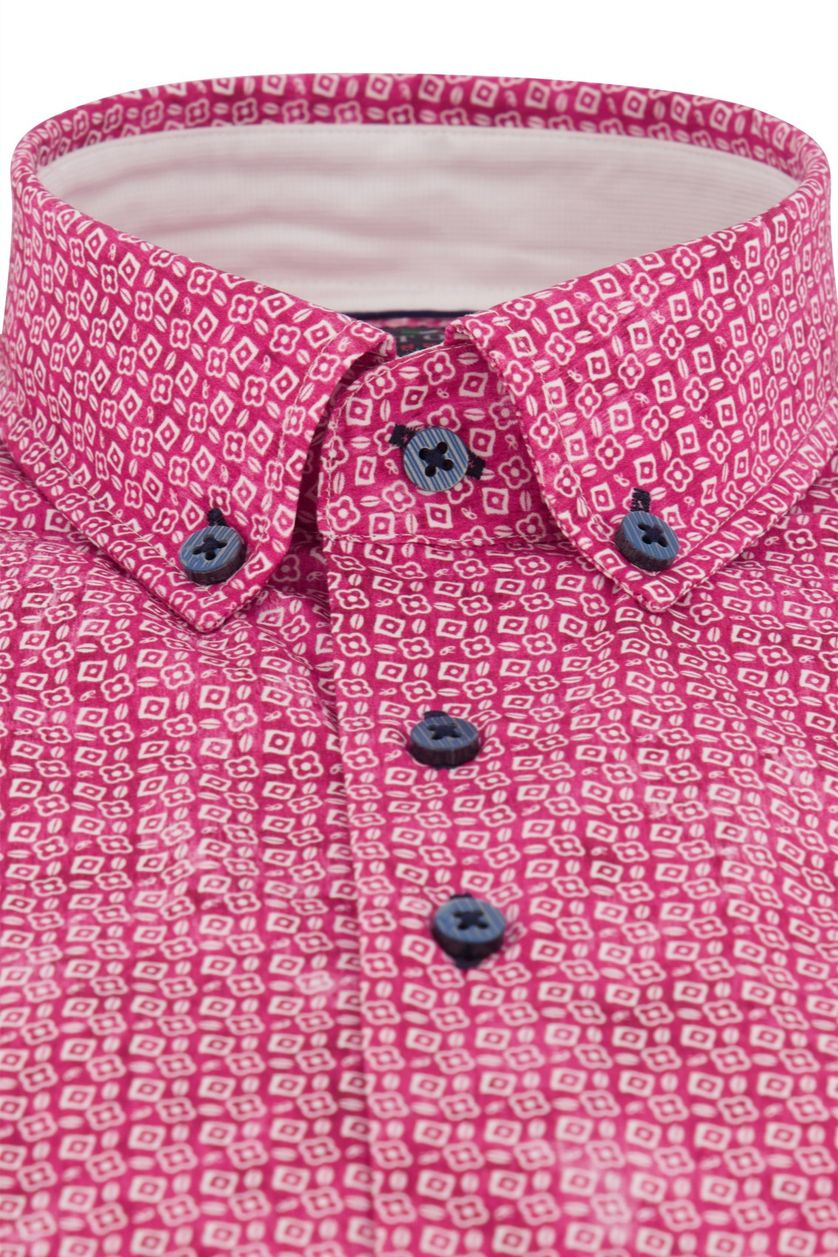 Portofino casual overhemd korte mouw roze wit geprint katoen regular fit