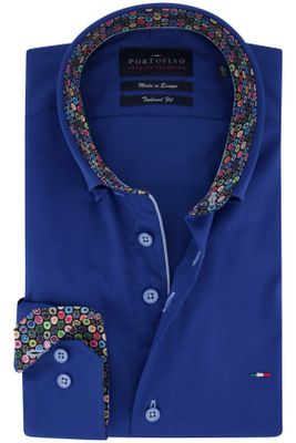 Portofino Portofino casual overhemd mouwlengte 7 donkerblauw effen kraag geprint katoen tailored fit