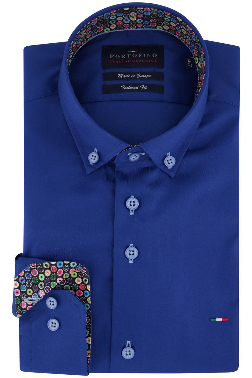 Portofino casual overhemd mouwlengte 7 donkerblauw effen kraag geprint katoen tailored fit