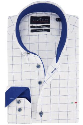 Portofino Portofino casual overhemd mouwlengte 7 tailored fit wit geruit blauwe stippellijn katoen