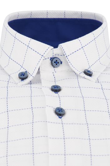 Portofino casual overhemd mouwlengte 7 tailored fit wit geruit blauwe stippellijn katoen