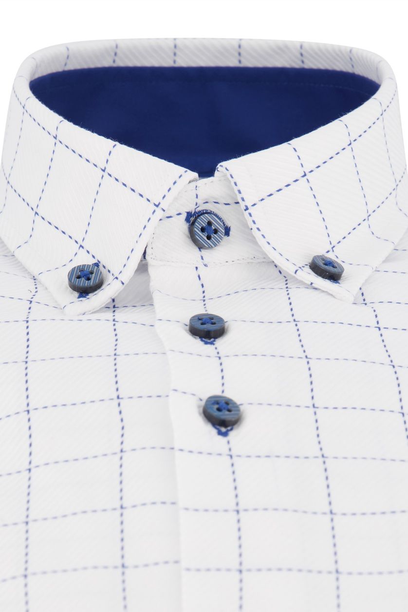 Portofino casual overhemd mouwlengte 7 wit geruit blauwe stippellijn katoen tailored fit
