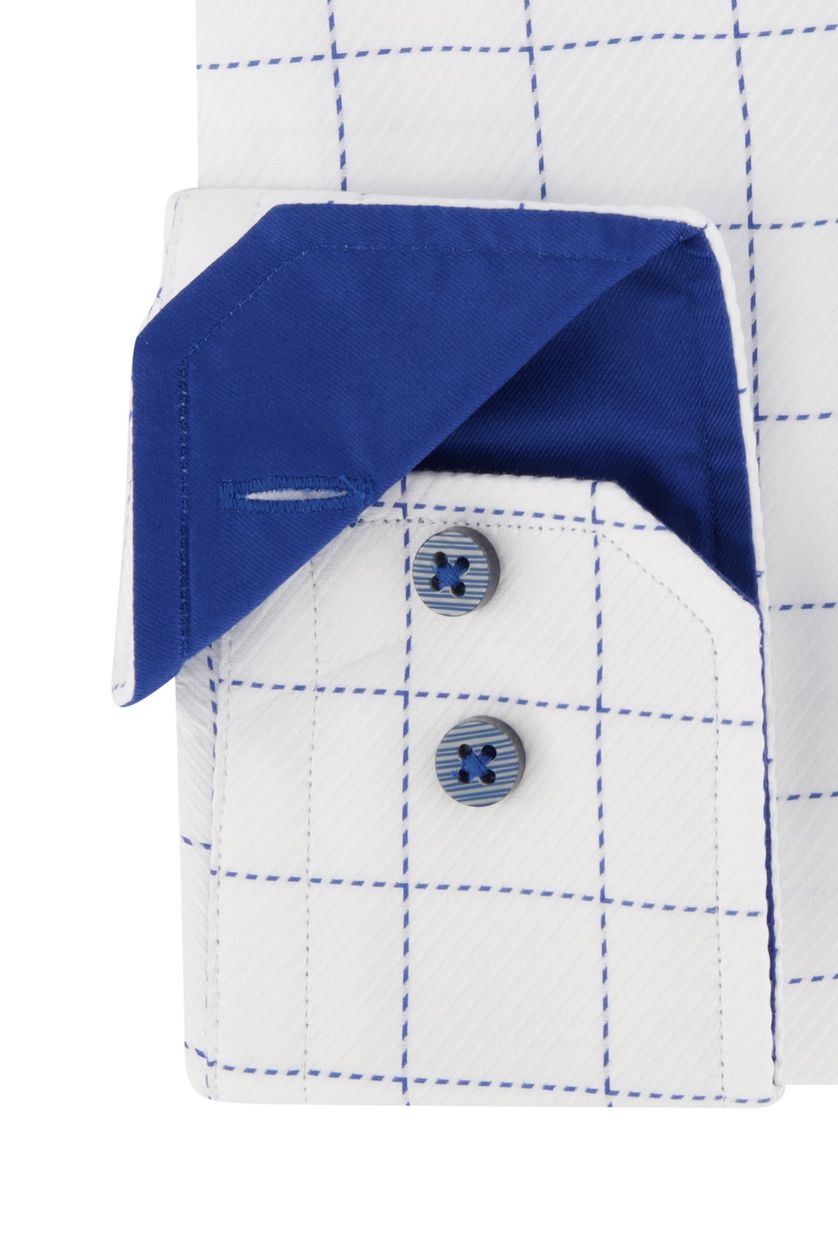 Portofino casual overhemd mouwlengte 7 wit geruit blauwe stippellijn katoen tailored fit