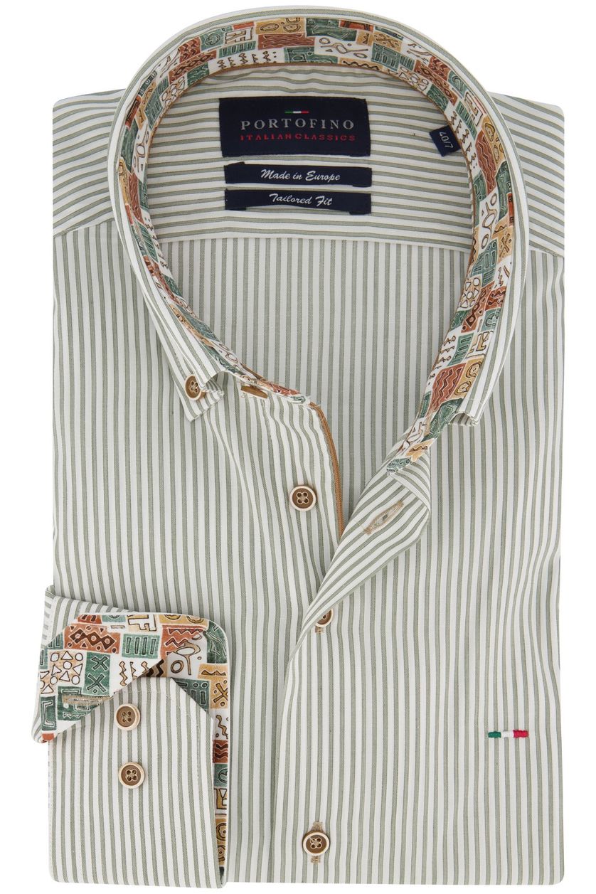Portofino overhemd  mouwlengte 7 groen wit gestreept tailored fit