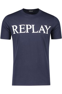 Replay Replay t-shirt donkerblauw effen met opdruk normale fit katoen ronde hals