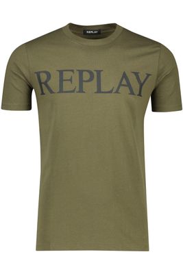 Replay Replay t-shirt donkergroen effen katoen normale fit ronde hals met opdruk