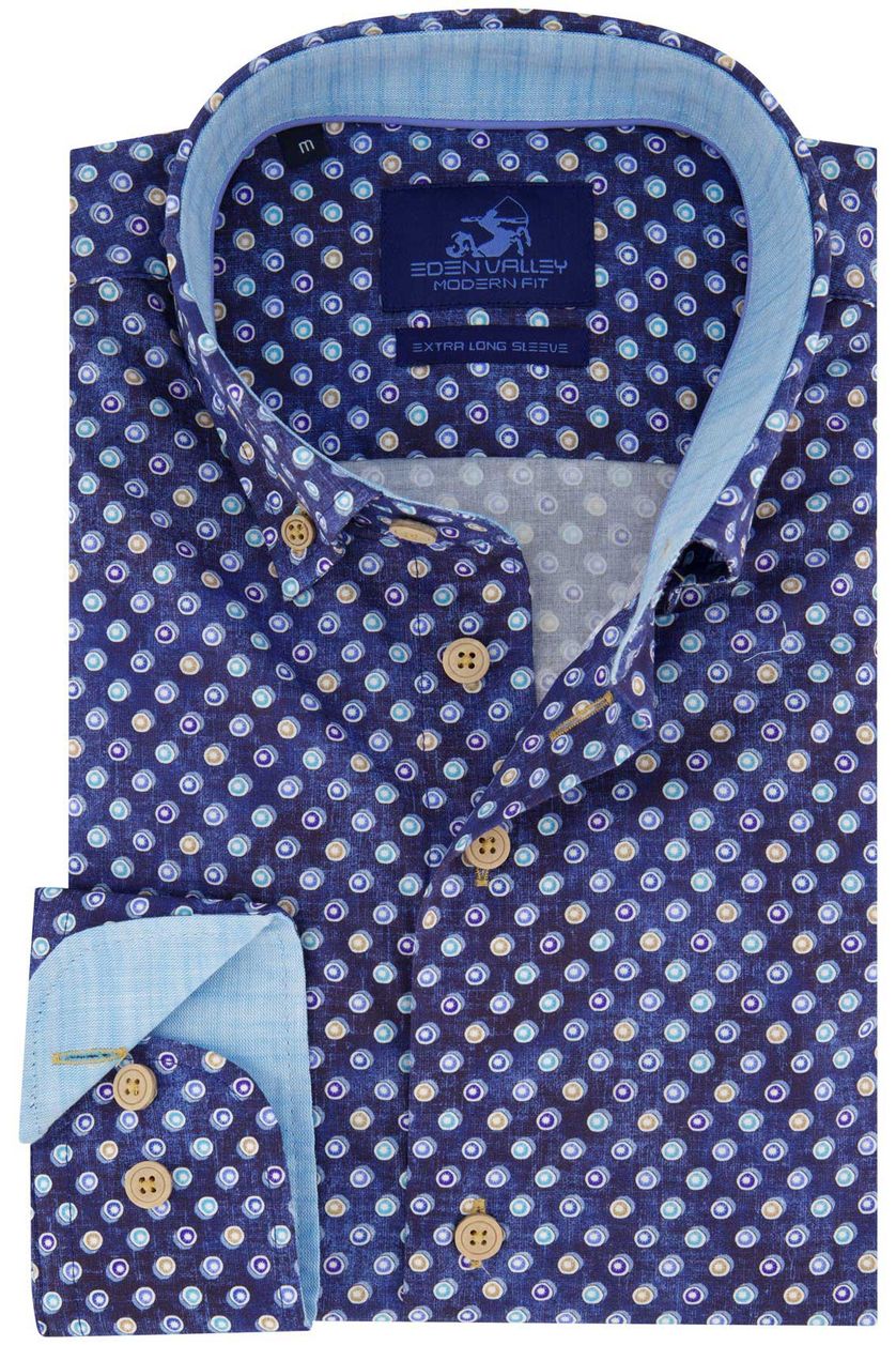Eden Valley casual overhemd mouwlengte 7 normale fit blauw geprint katoen button down boord