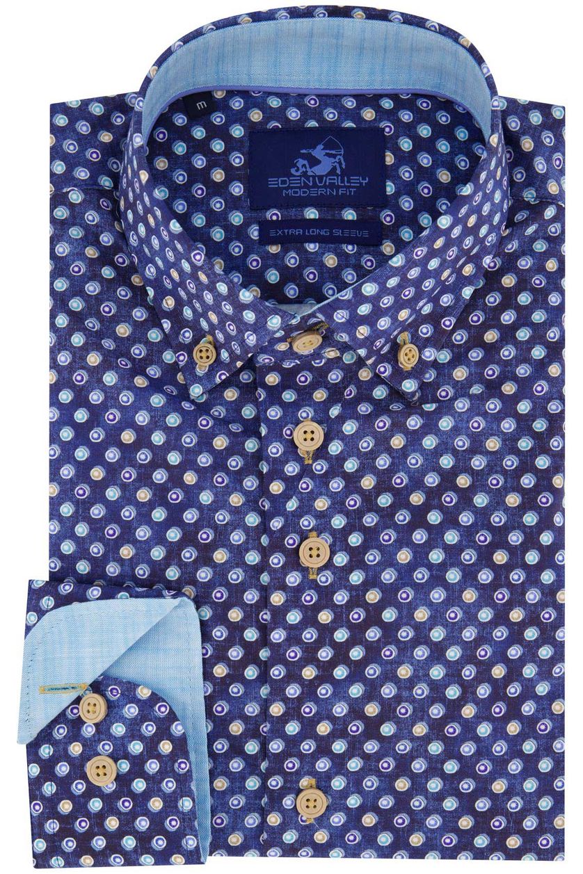 Eden Valley casual overhemd mouwlengte 7 normale fit blauw geprint katoen button down boord