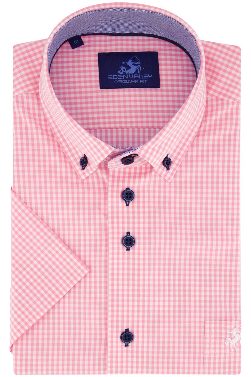 Korte mouw overhemd Eden Valley casual wijde fit roze geruit katoen