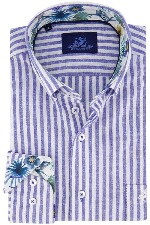 Eden Valley casual overhemd wijde fit blauw wit gestreept linnen Regular Fit