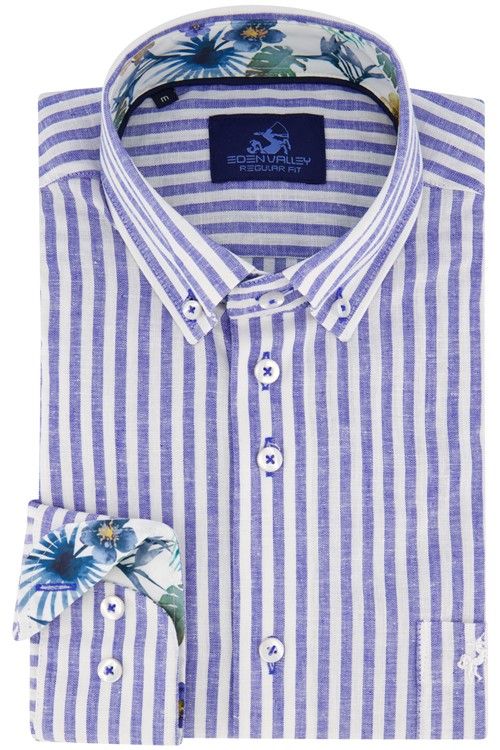 Eden Valley casual overhemd wijde fit blauw wit gestreept linnen Regular Fit