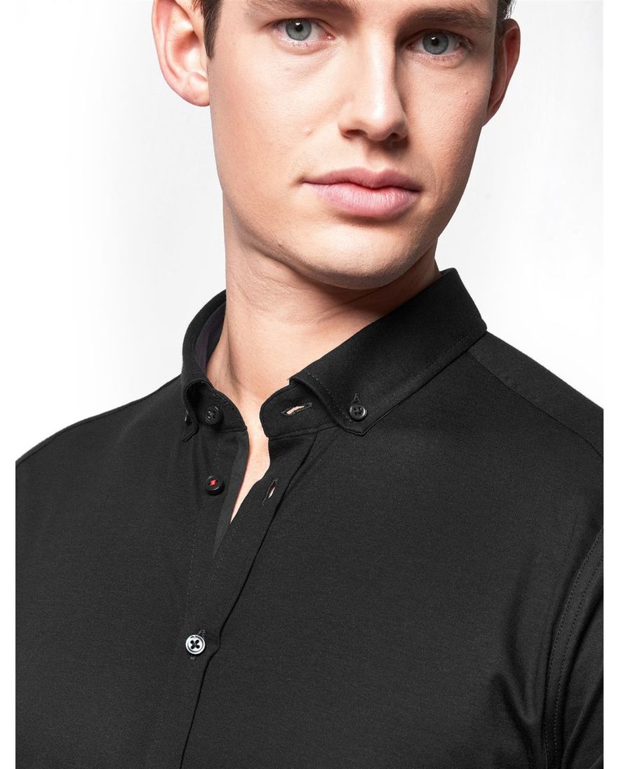 Desoto overhemd korte mouwen slim fit zwart effen katoen