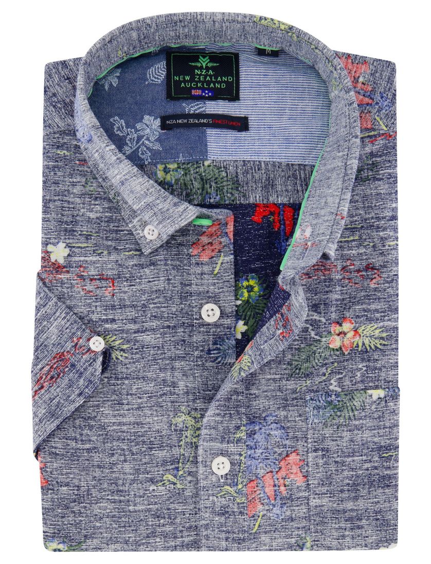 New Zealand casual geprint overhemd korte mouw blauw