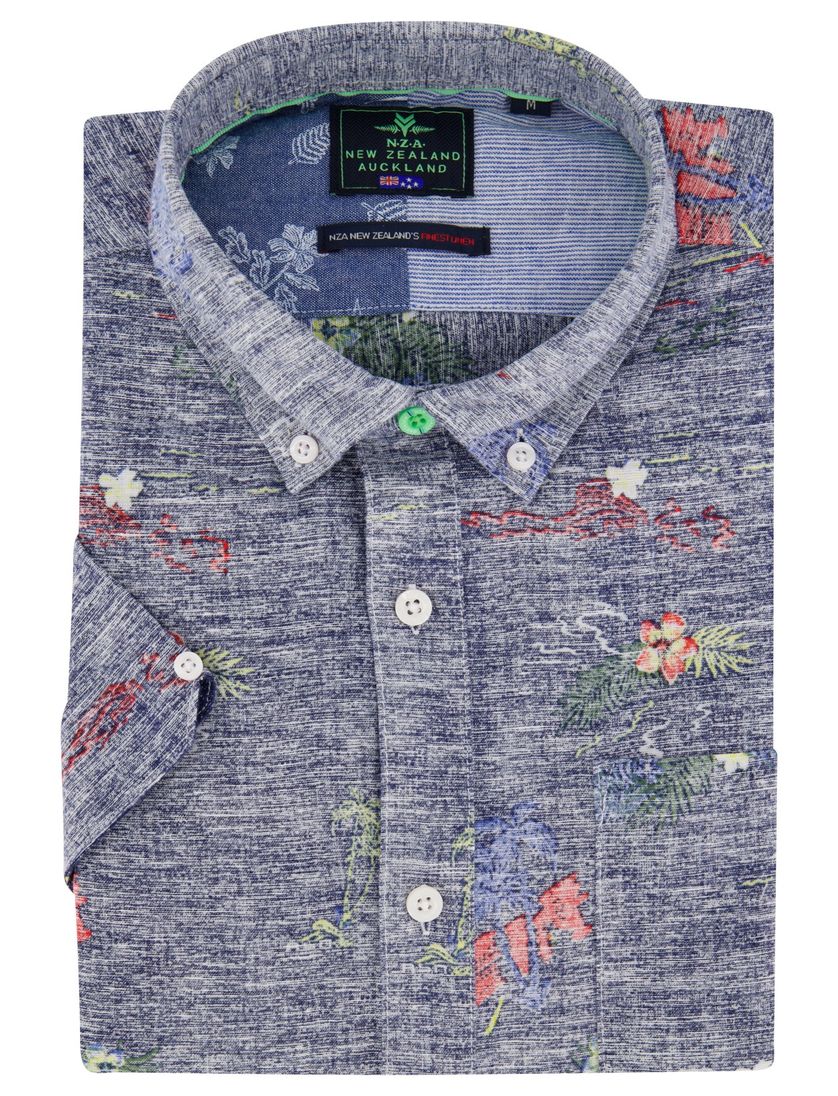 New Zealand casual geprint overhemd korte mouw blauw