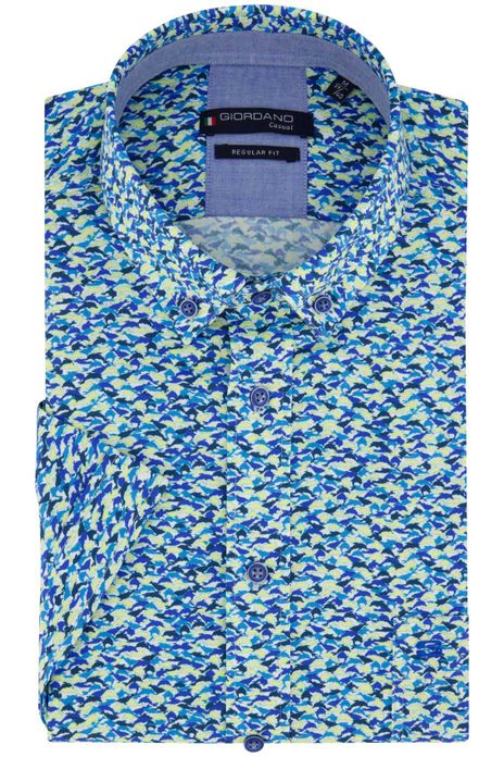 Giordano overhemd korte mouw blauw groen geprint