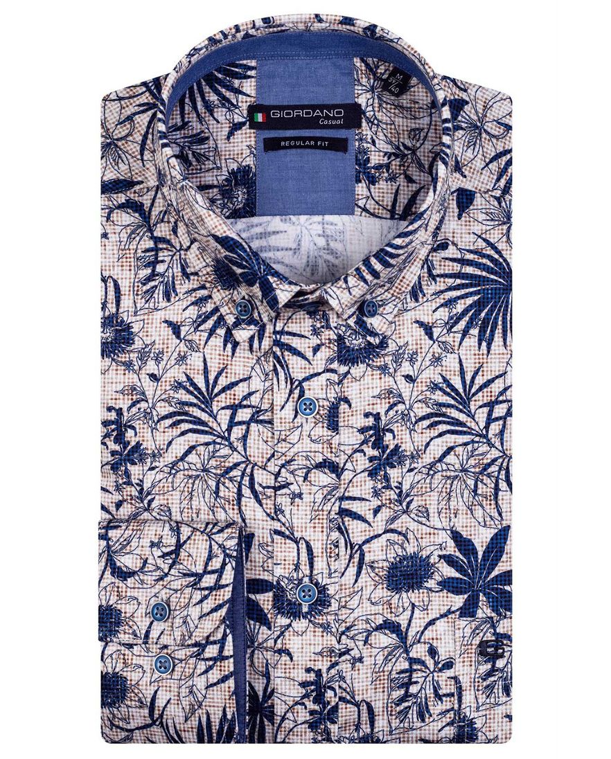 Giordano casual overhemd normale fit blauw geprint katoen