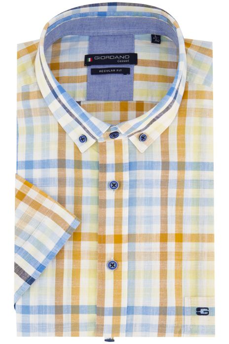 Giordano overhemd korte mouw wijde fit blauw en geel