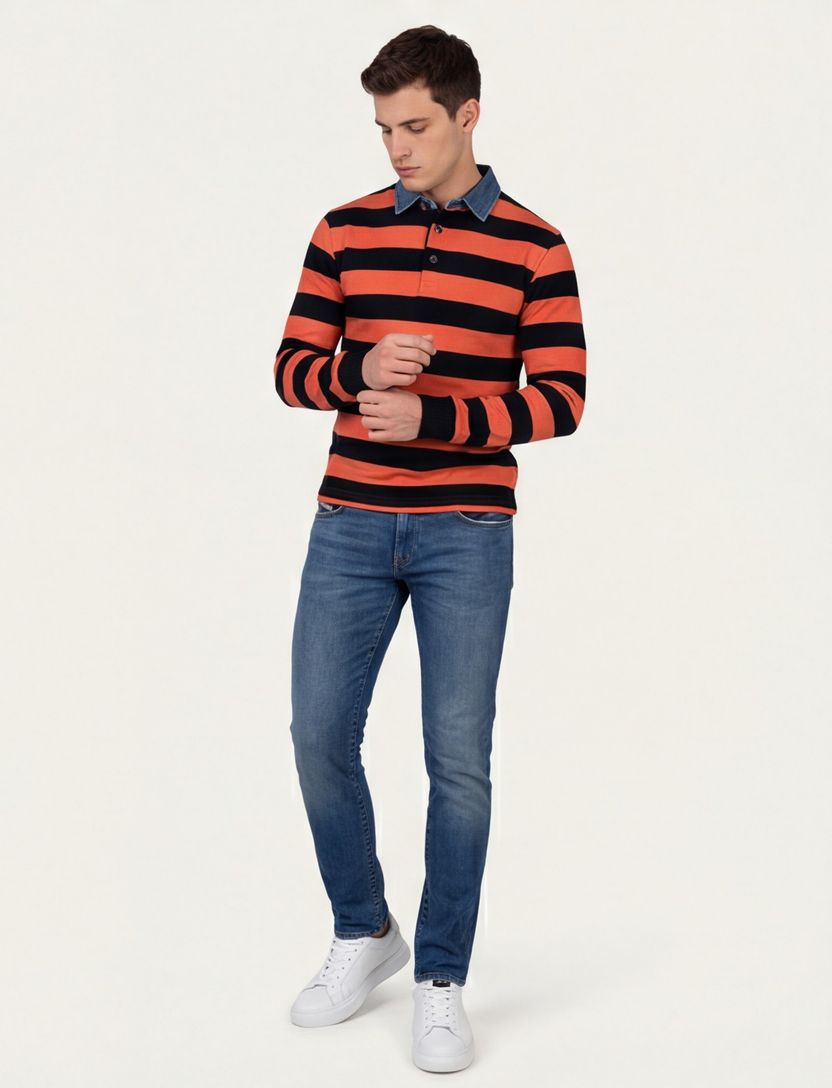 Baileys trui oranje 3 knoops gestreept 100% katoen