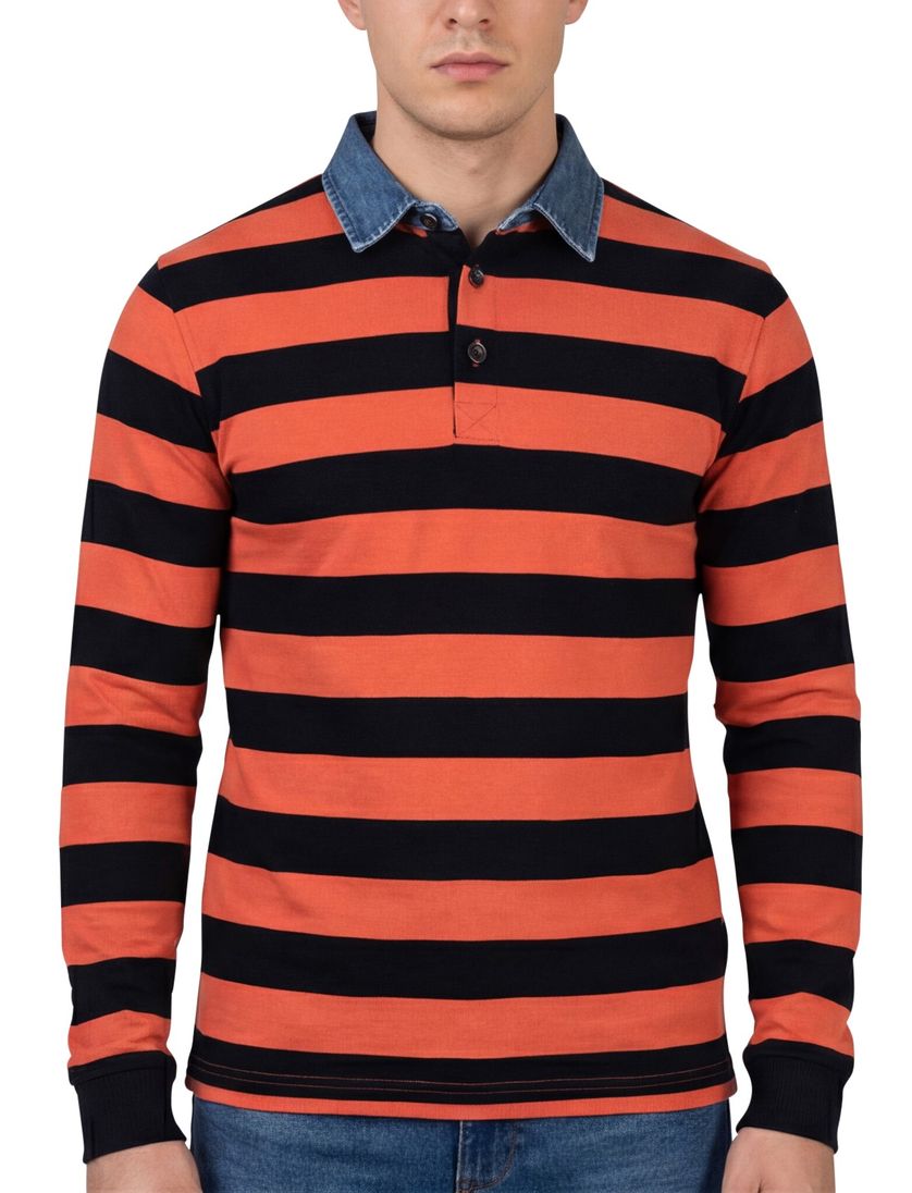 Baileys trui oranje 3 knoops gestreept 100% katoen