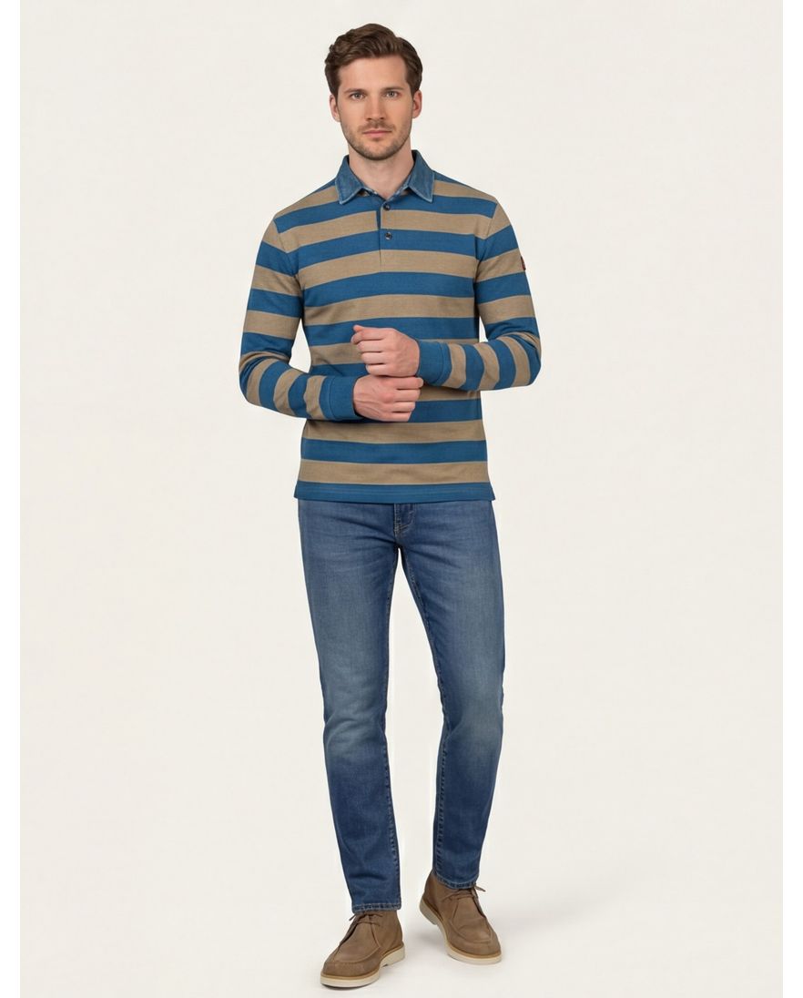 Baileys trui blauw/bruin 3 knoops gestreept katoen