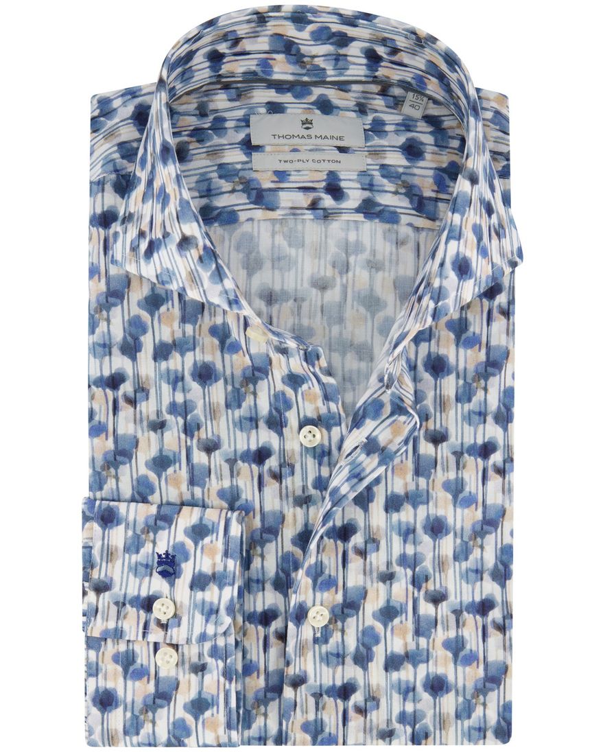 Thomas Maine normale fit overhemd mouwlengte 7 blauw geprint katoen