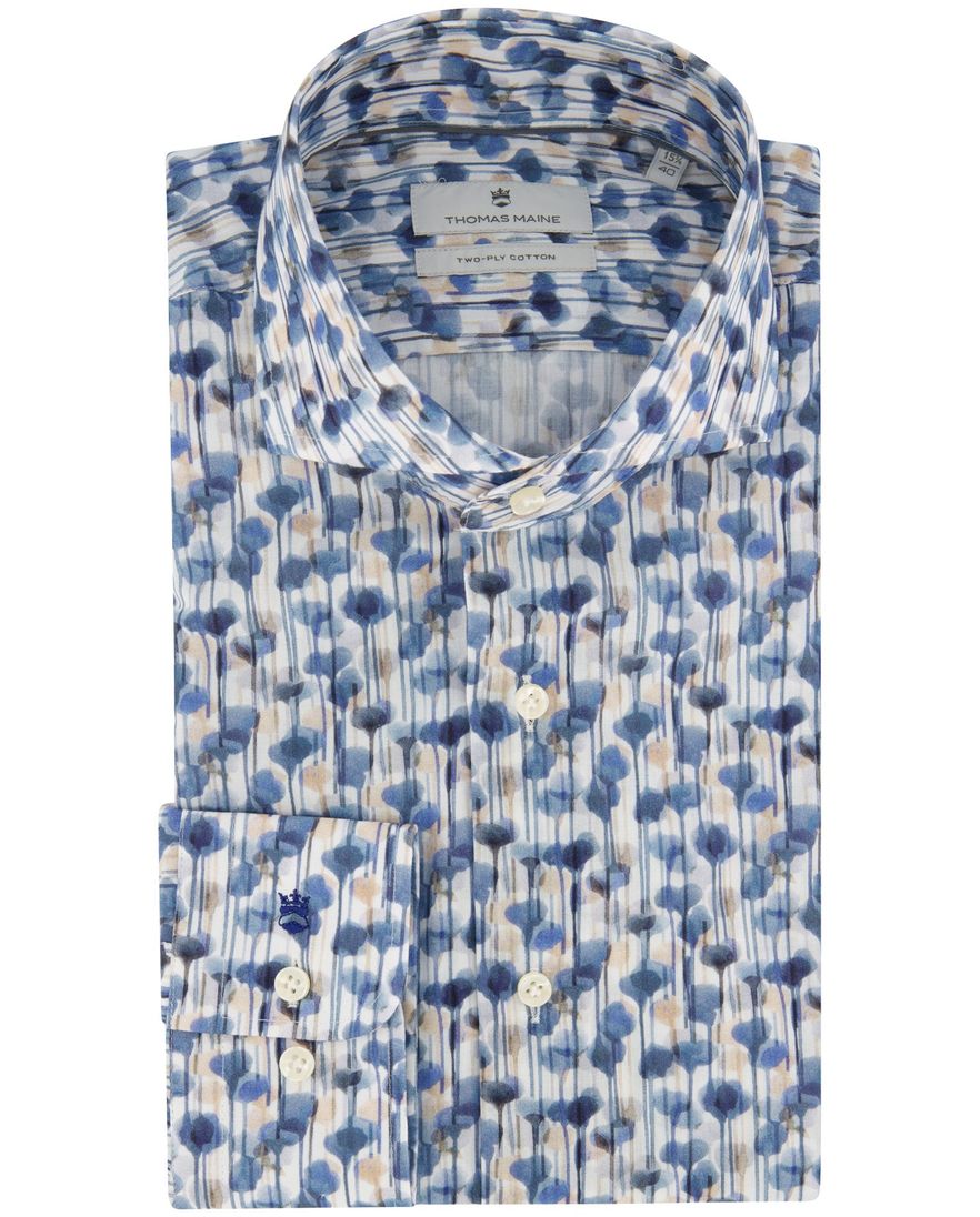 Thomas Maine normale fit overhemd mouwlengte 7 blauw geprint katoen