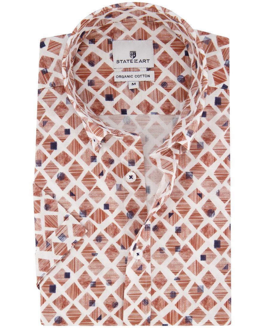 Overhemd State of Art korte mouw wijde fit bruin geprint katoen