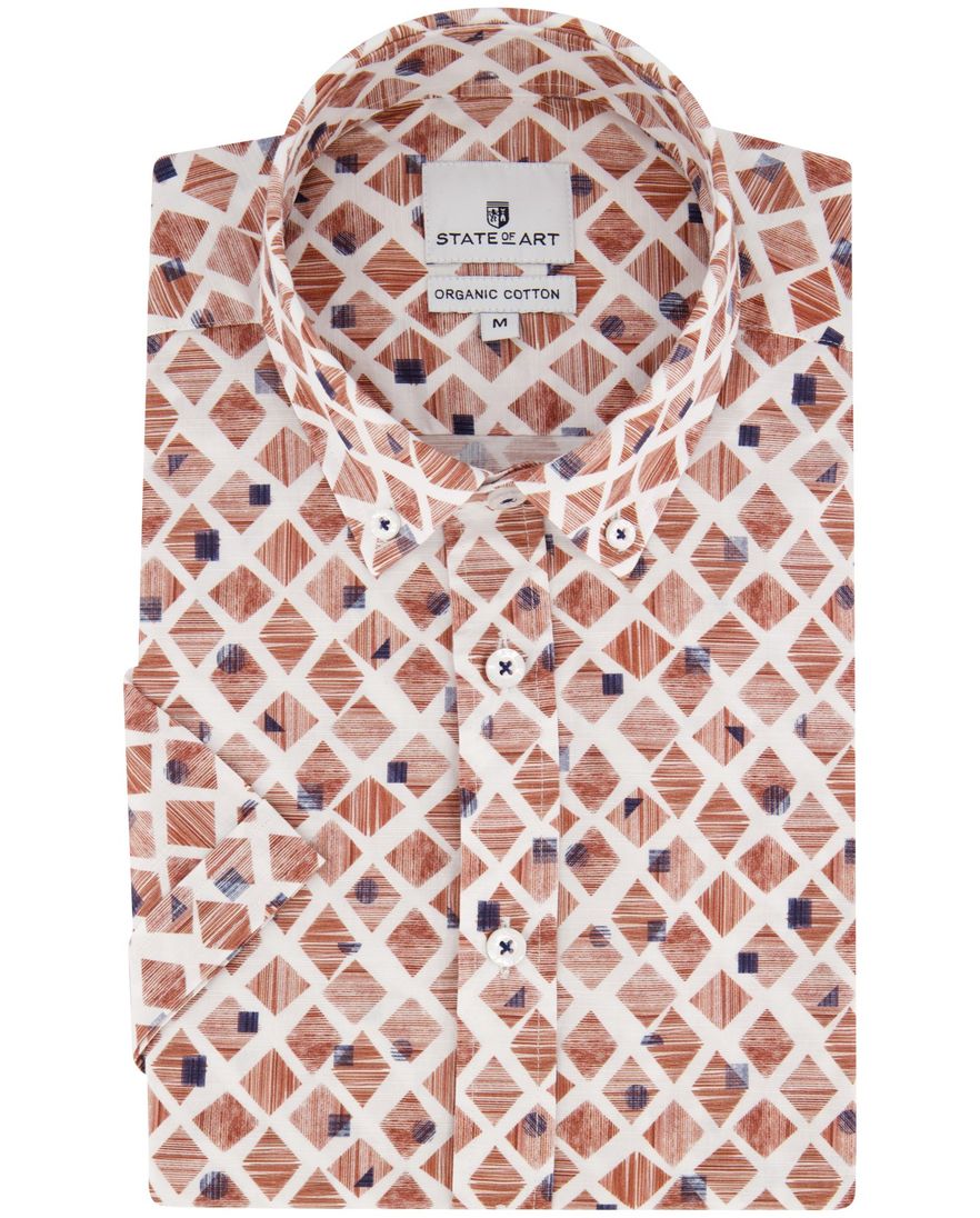 Overhemd State of Art korte mouw wijde fit bruin geprint katoen