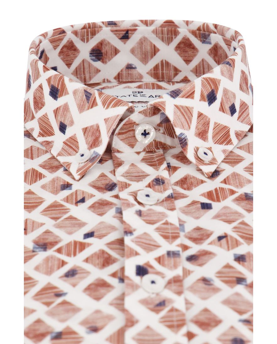 Overhemd State of Art korte mouw wijde fit bruin geprint katoen