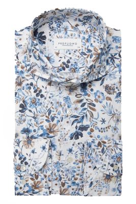 Profuomo Slim fit Profuomo overhemd mouwlengte 7 blauw geprint katoen