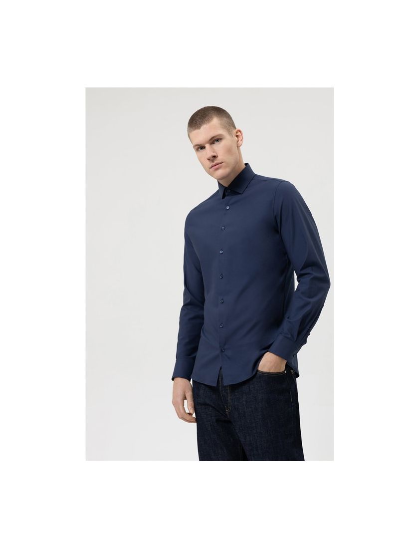 Olymp business overhemd Level Five 24/Seven body fit donkerblauw effen katoen